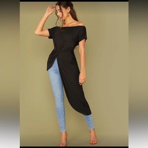 Twist Front Asymmetrical Hem Bardot Top in Black